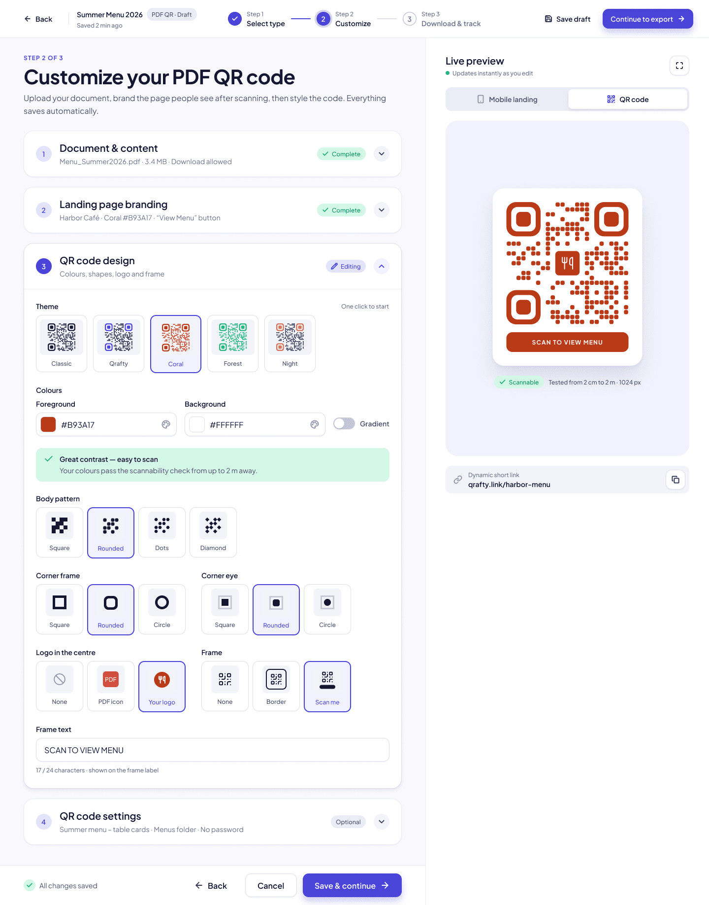 Step 2 editor of the PDF QR flow with a live preview